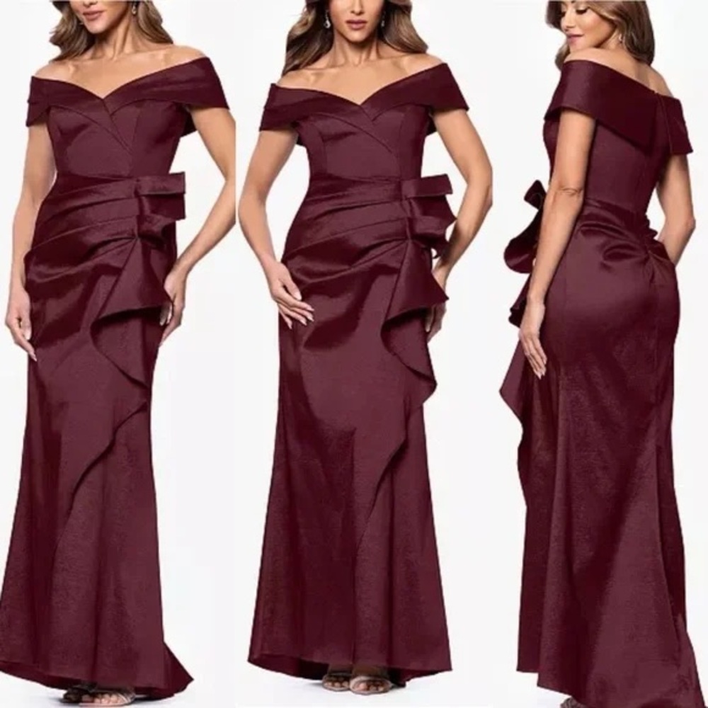 Xscape Off-Shoulder Burgundy Maxi Dress
